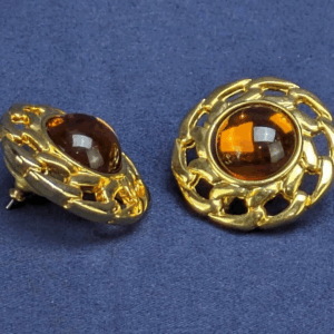 Vintage Amber & Gold Tone Floral Rhinestone Stud Earrings