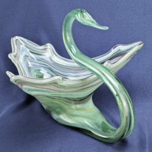Sooner/Ozark Hand-Blown Art Glass Green & Brown Swirl Swan Candy Dish Cornucopia