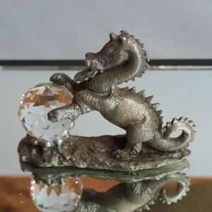 1984 Spoontiques Pewter Dragon Figurine w/ Crystal Ball Clear Cut Glass - CMR548