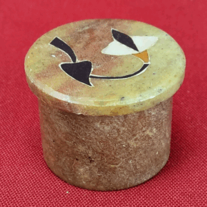 Round Small Stone Brown Trinket Box With Lid & Inlay Iris Flower Design Vintage