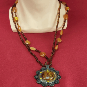 Bohemian Boho Hand Crafted Large Beaded Amber Necklace with Epoxy Resin Pendant