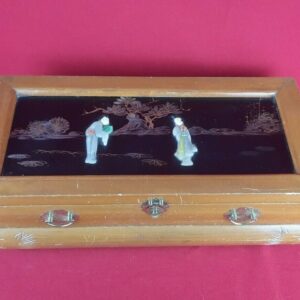 Vintage Japanese Footed Wooden Jewelry Box w/Soap-Stone Figurine Engraved