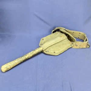 Vintage WWII Folding Entrenching Shovel with Wood Handle and Canvas Cover