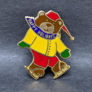 Vintage Happy Holidays Ice Skating Bear Pin – Enamel Holiday Lapel Pin