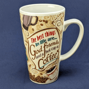 Vintage Coffee Mug - God, Friends and a hot cup of coffee