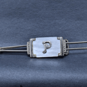 Vintage Pewter Tie Clip with Mother of Pearl Inlay and Engraved "P" Monogram