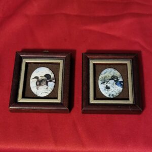 Antique Miniature Oval Hand Painted Mallard Ducks on Framed Porcelain Plaque