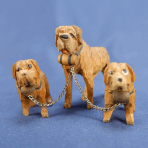 Vintage German Hand Carved Wood 3 Piece Family St Bernard Dog & Puppies On Chain