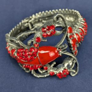 Vintage Gorgeous Hinged Rhinestone Enamel Lobster Clamper Bracelet Silver/Red