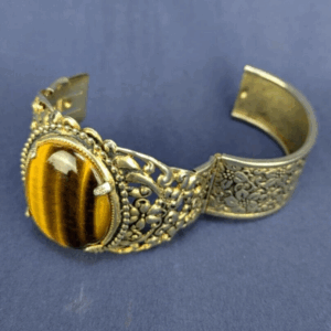 Vintage Hinged Ornate Tiger’s Eye Bracelet with Filigree Floral Design