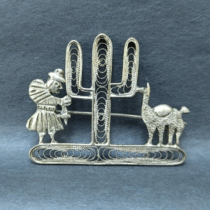 Vintage Pewter Silver Tone Brooch - Cactus with Peruvian Figure and Alpaca Pin