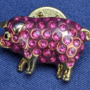 Gold Tone Epoxy Pink Pig Rhinestone Lapel Pin Vintage Pinback