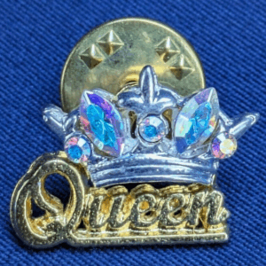 Gold Tone Epoxy 'Queen' Crown Rhinestone Lapel Pin Vintage Pinback
