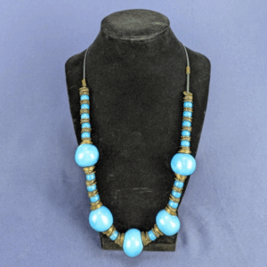 Vintage Turquoise Blue Beaded Necklace with Brass Accents