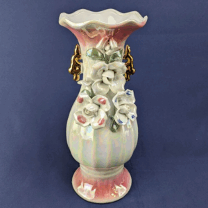Vintage White & Pink Raised Floral Design Iridescent Lusterware 9.75” VASE