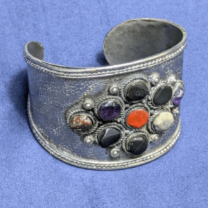 Vintage Silver Cuff Bracelet with Multicolored Gemstones - Boho Statement Bangle