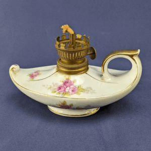 Vtg Oil Lamp Made in Japan Clover Ceramic Porcelain White Gold w/Floral Design