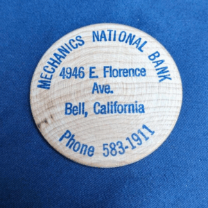 Vintage 1970's Mechanics National Bank Bell California Kilroy's Wooden Dollar