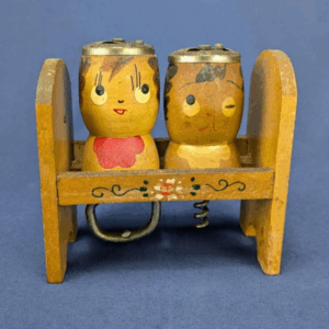 Vintage Hand Painted Wood Salt Pepper Shakers Corkscrew Bottle Opener - Japan