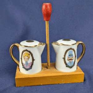 Vtg Disneyland Coffee Pot Salt & Pepper Shakers Cream w/Gold Trim Japan  w/Stand