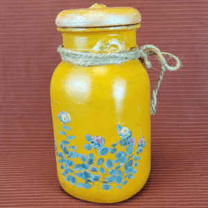 Vintage Hand Painted Ideal Glass Jar Lidded Orange with Flowers Farm Rustic