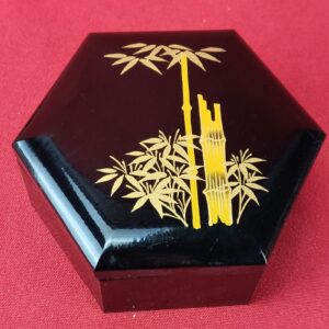 Vintage Black & Gold Bamboo Lacquer Trinket Box Made in Japan 3.75in