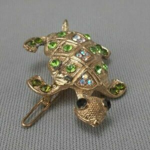 Vintage Fashion Costume Jewelry Gold Tone Green Rhinestone Turtle Hair Barrette