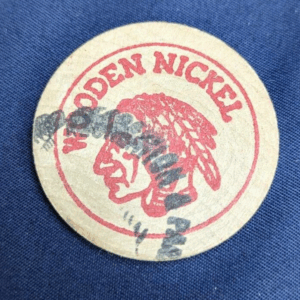 Red & Black Stamped Vintage Wooden Nickel