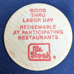 Vintage 50 Cents Off Labor Day Mr. Steak Wooden Nickel