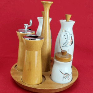 Mid Century Modern Woodpecker WoodWare Condiment Caddy Angel Fish Cruet Japan