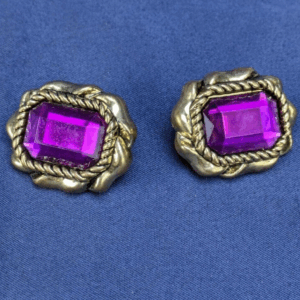 Gold Tone Faux Amethyst Rope Style Vintage Costume Jewelry Clip on Earrings