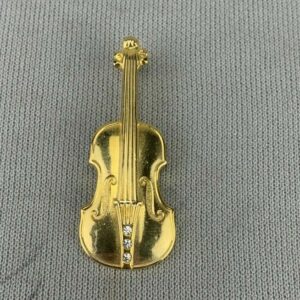 Golden Violin/Bass Brooch with White Rhinestone Gems Costume Jewelry