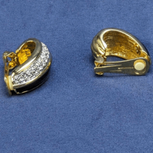 PB Gold Tone Vintage Rhinestone & Black Enamel Costume Jewelry Clip on Earrings