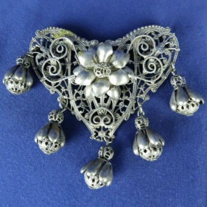 Vintage Ornate Filigree Brooch with Dangling Tulip Charms