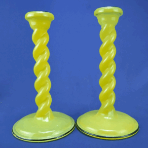 Antique 2 Lancaster Depression Glass 950 Clear Yellow Candlestick Twist Swirl