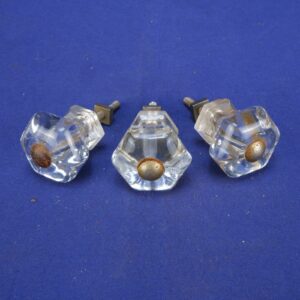 Vintage Set of 3 Hexagonal Depressed Clear Glass Cabinet Knobs w/Metal Bolts