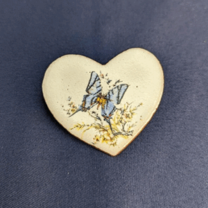 Vintage Hand Painted Clay/Porcelain Heart Shaped Pin with Butterfly Design