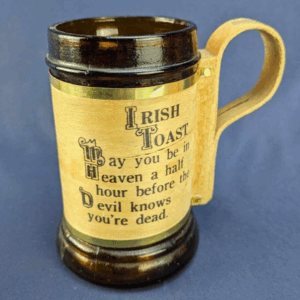 Vintage Brown Glass Beer Stein Mug Wooden Handle & Wrap Irish Funny Quote Canada