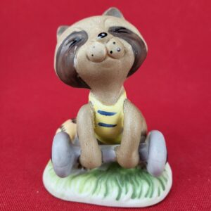 Cute Enesco Racoon Figurine Lifting Weights - Made in Taiwan - Republic of China