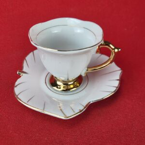 Vintage Made in Japan Flower Shaped Teacup w/ Leaf Shaped Saucer Gold White