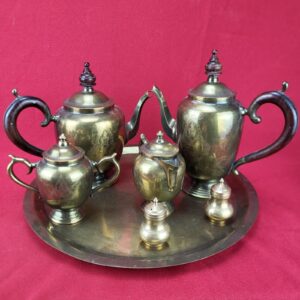 Vintage Brass Serving Tray 2 Tea Coffee Pots Sugar Creamer Salt/Pepper 7 Piece