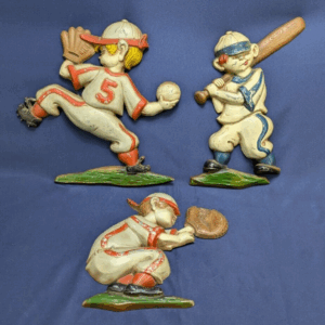 Vtg 1970's Sexton Baseball Player Set Of 3 Kids Playing Metal Art Wall Hangers