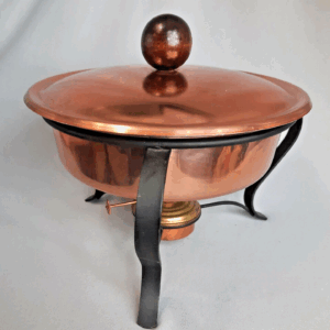 Vintage Copper Coated Oil Chafing Dish With Brass Burner and Wooden Ball Handle