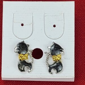 Silver And Black Cat Shaped W/Gold Bow Silver Tail Post Earrings