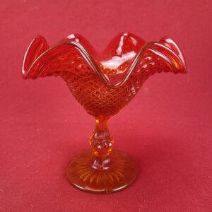 Vintage Beauty Red W/Amber Base Diamond Cut With Ruffle Top Pedestal Candy Dish