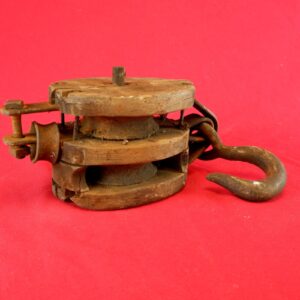 Antique Double Pulley Wood & Metal Barn Block & Tackle Hoist