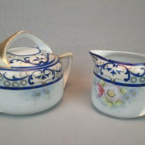 Vintage Hand Painted Nippon Meito Crown Creamer/Sugar Bowl w/ Lid - Blue & Gold