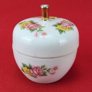 Round Apple Trinket Dish Ceramic with Lid & Floral Print Factory Error Label