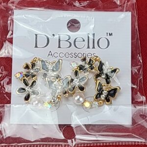 Exquisite D'Bello Gold Tone Black White Flower Butterfly Pattern Post Earrings