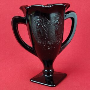 Vtg L.E Smith Depression Double Handled Black Amethyst Glass Trophy Girl Dancers